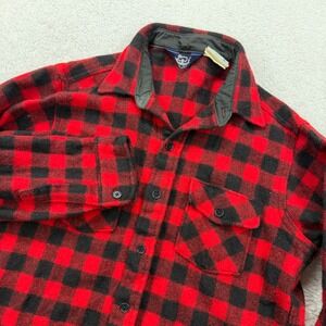 Woolrich Vintage Red Black Buffalo Plaid Wool Flannel Shirt Mens Large Fits Med